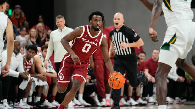 Feb 13, 2024; Waco, Texas, USA; Oklahoma Sooners guard Le'Tre Darthard (0) dribbles the ball upcourt against the Baylor Bears during the first half at Paul and Alejandra Foster Pavilion. Mandatory Credit: Chris Jones-USA TODAY Sports  